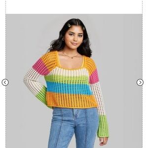 Women's Square Neck Pointelle Pullover Sweater - Wild Fable™ Striped XXL